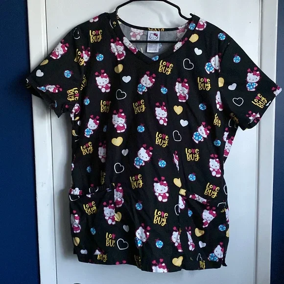 Sanrio Hello Kitty Women’s Scrub Top, Black & Multicolored w/ Pockets, Large SS - Picture 2 of 7